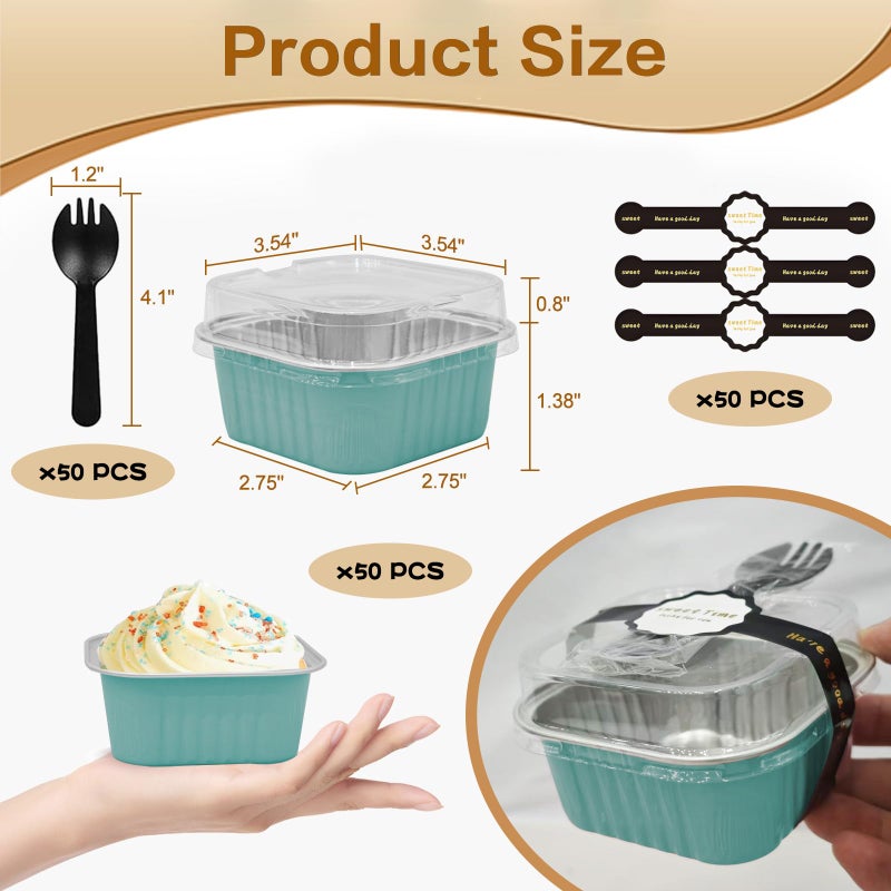 OBXMLFY Mini Cake Pans With Lids 5oz, 50 Pack Mini Loaf Pans with Lids, Aluminum Foil Baking Cups, Disposable Square Brownie Baking Cupcake, Dessert Cups for Wedding, Birthday, Party, Picnics (Blue) - Image 2