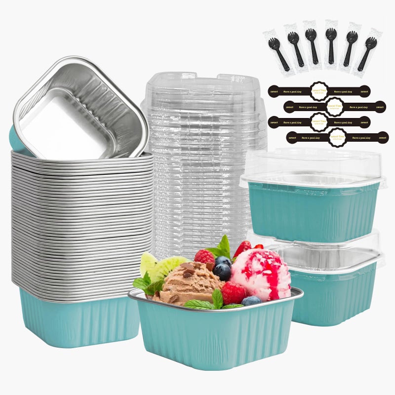 OBXMLFY Mini Cake Pans With Lids 5oz, 50 Pack Mini Loaf Pans with Lids, Aluminum Foil Baking Cups, Disposable Square Brownie Baking Cupcake, Dessert Cups for Wedding, Birthday, Party, Picnics (Blue) - Image 1