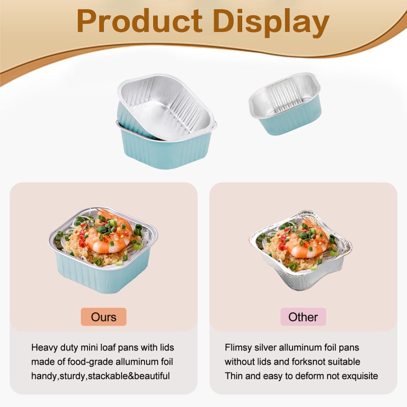 OBXMLFY Mini Cake Pans With Lids 5oz, 50 Pack Mini Loaf Pans with Lids, Aluminum Foil Baking Cups, Disposable Square Brownie Baking Cupcake, Dessert Cups for Wedding, Birthday, Party, Picnics (Blue) - Image 4