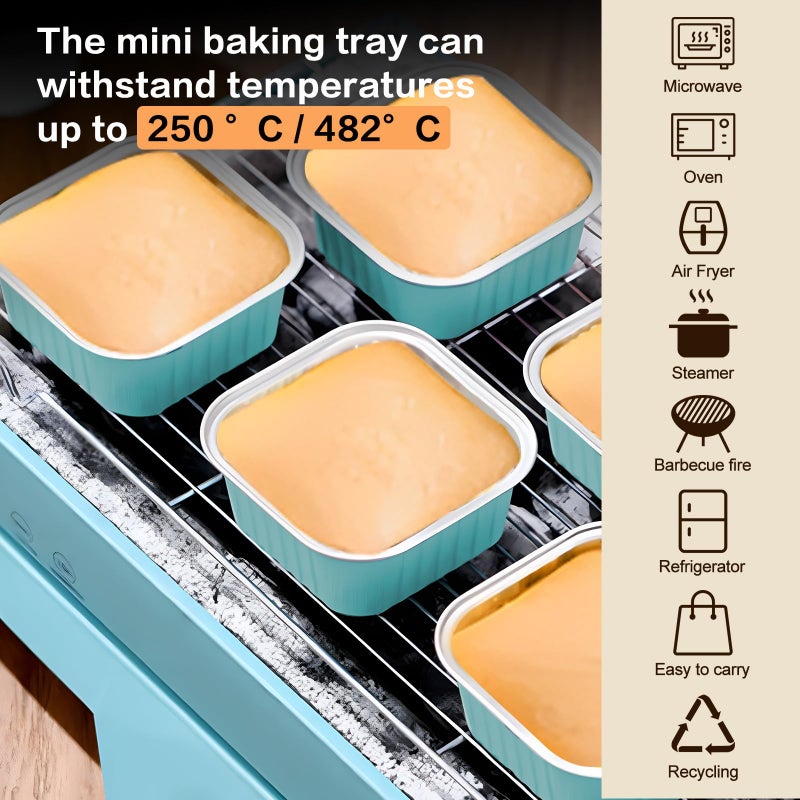 OBXMLFY Mini Cake Pans With Lids 5oz, 50 Pack Mini Loaf Pans with Lids, Aluminum Foil Baking Cups, Disposable Square Brownie Baking Cupcake, Dessert Cups for Wedding, Birthday, Party, Picnics (Blue) - Image 5