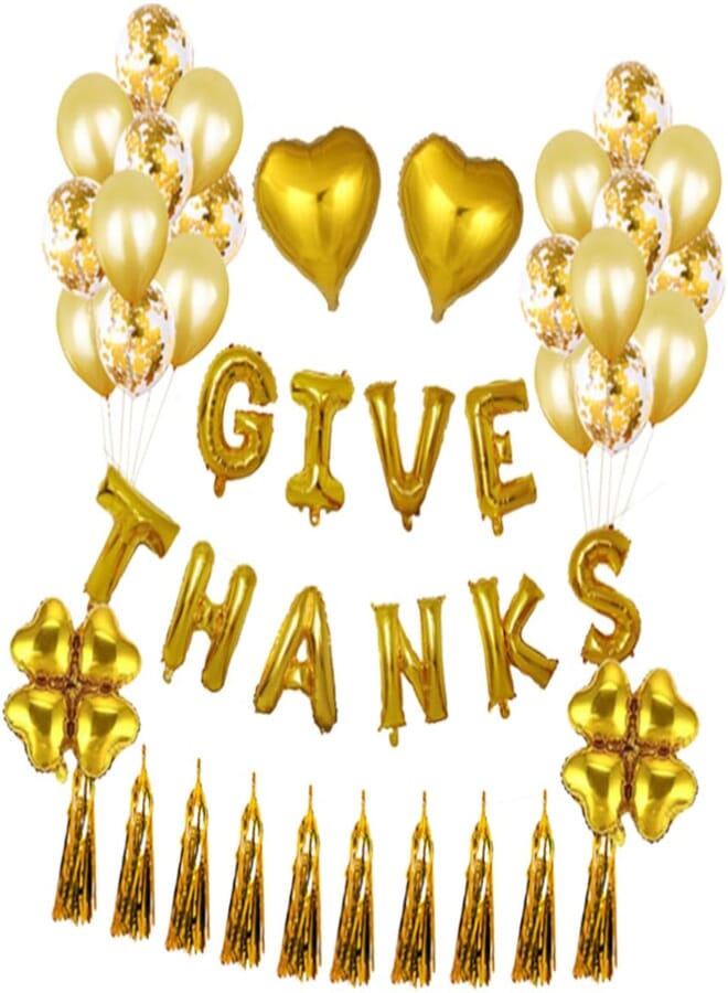 Amosfun Thanksgiving Decorative Balloon Heart Star Foil Balloons Letters GIVE THANKS Banner Party Supply Decor for Holiday Party Thanksgiving (Golden) 18 Inches