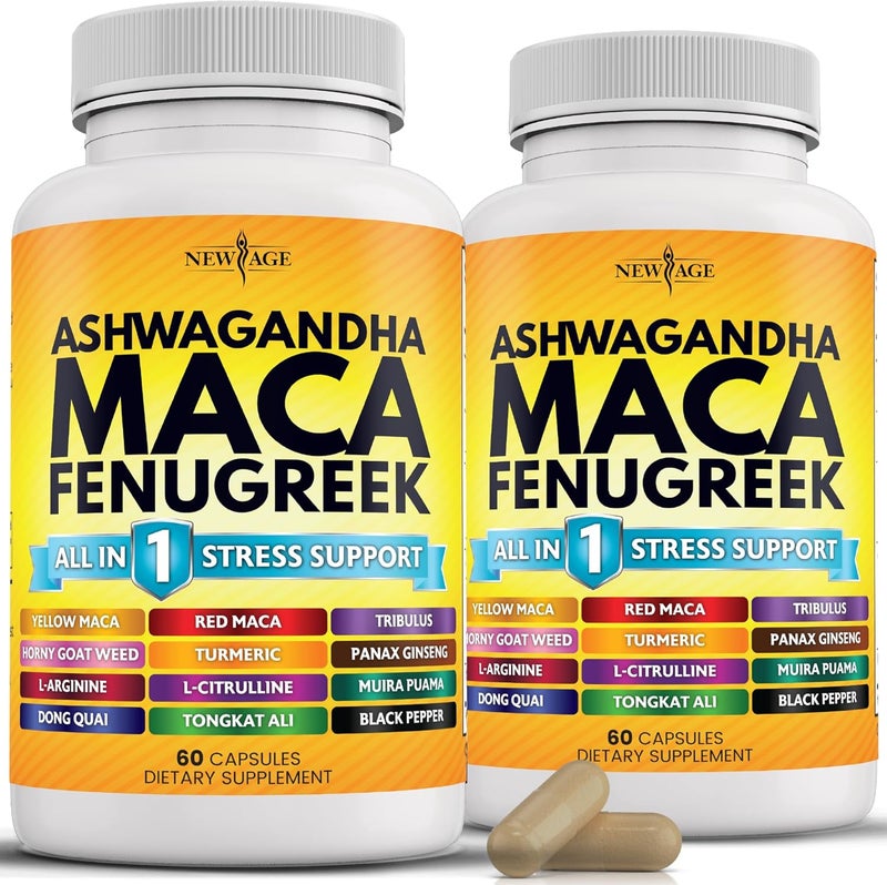 NEW AGE Ashwagandha Maca Root Fenugreek Supplement with Tongkat Ali Ginseng  Assists with Overall Health  Made in USA  120 Count - Image 1