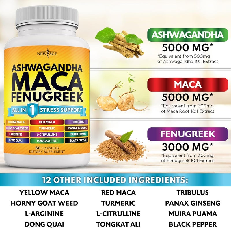 NEW AGE Ashwagandha Maca Root Fenugreek Supplement with Tongkat Ali Ginseng  Assists with Overall Health  Made in USA  120 Count - Image 3