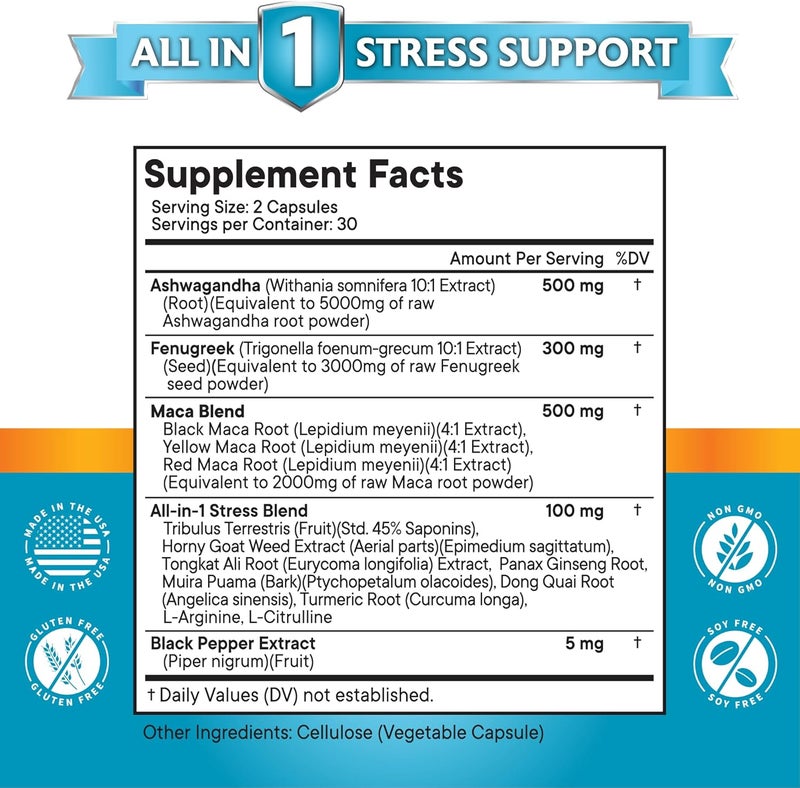 NEW AGE Ashwagandha Maca Root Fenugreek Supplement with Tongkat Ali Ginseng  Assists with Overall Health  Made in USA  120 Count - Image 2