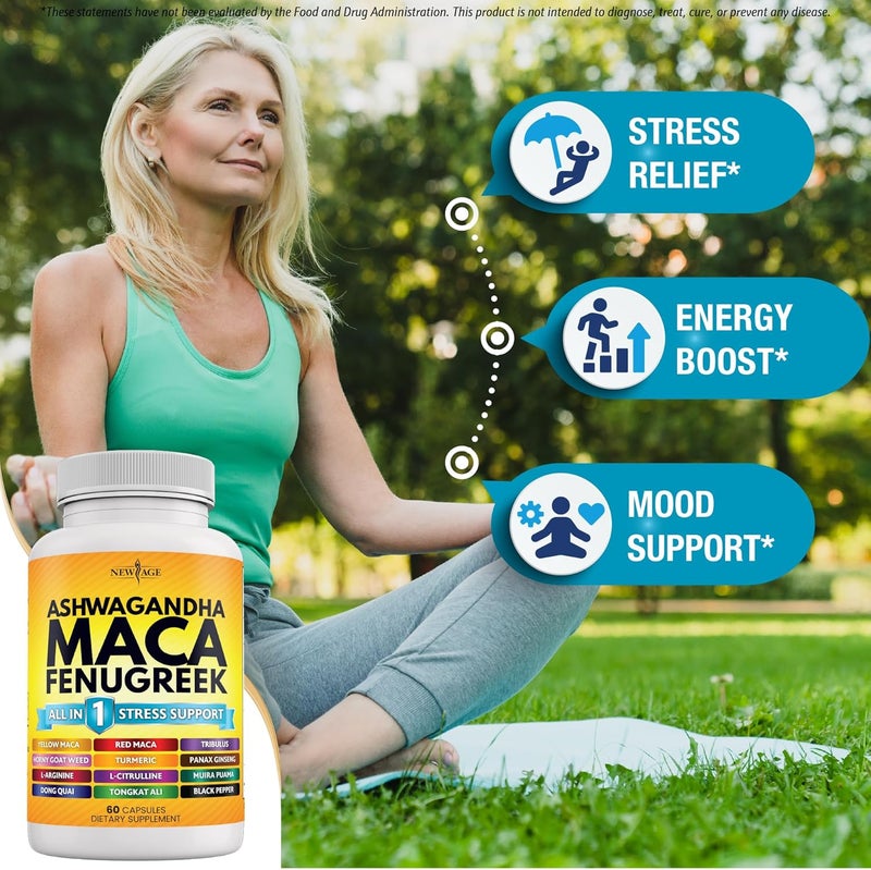 NEW AGE Ashwagandha Maca Root Fenugreek Supplement with Tongkat Ali Ginseng  Assists with Overall Health  Made in USA  120 Count - Image 4