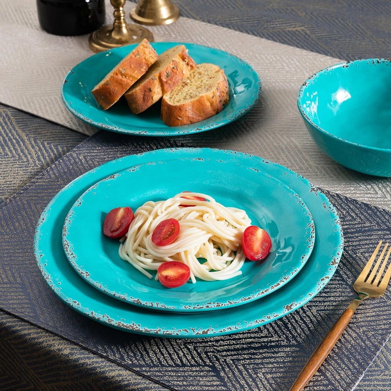 ZAROCRUS Farmhouse Melamine Plates and Bowls Set Set of 4 BPA Free 100 Melamine 12 Piece Vintage Dishes Dinnerware SetsDishwasher Safe Teal - Image 3