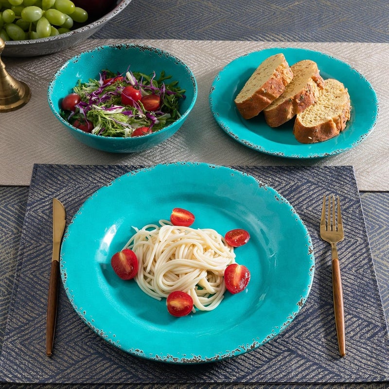 ZAROCRUS Farmhouse Melamine Plates and Bowls Set Set of 4 BPA Free 100 Melamine 12 Piece Vintage Dishes Dinnerware SetsDishwasher Safe Teal - Image 2