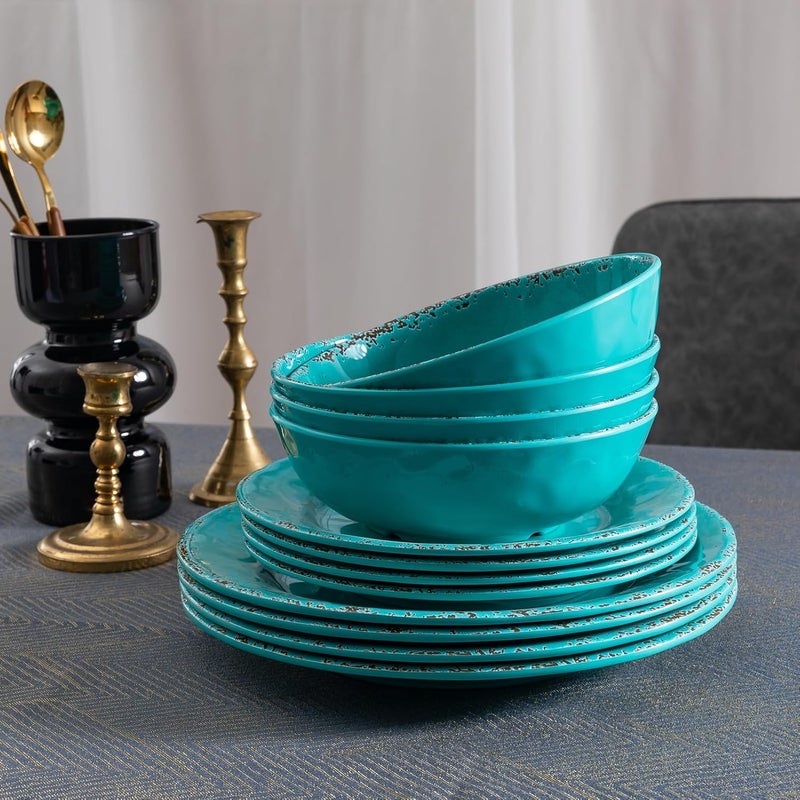 ZAROCRUS Farmhouse Melamine Plates and Bowls Set Set of 4 BPA Free 100 Melamine 12 Piece Vintage Dishes Dinnerware SetsDishwasher Safe Teal - Image 4
