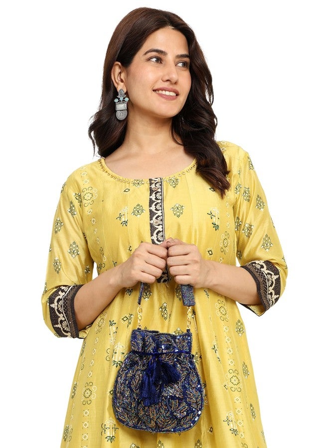 MARKQUES Handcrafted Embellished Blue Potli Bag For Women and Girls | Ethnic Wear Purse | Embroidered Handbag - Image 3