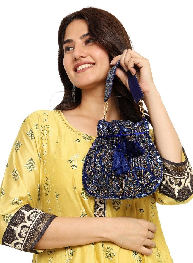 MARKQUES Handcrafted Embellished Blue Potli Bag For Women and Girls | Ethnic Wear Purse | Embroidered Handbag - Image 2