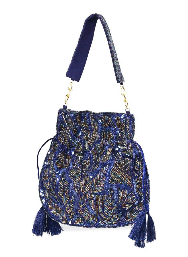 MARKQUES Handcrafted Embellished Blue Potli Bag For Women and Girls | Ethnic Wear Purse | Embroidered Handbag - Image 1