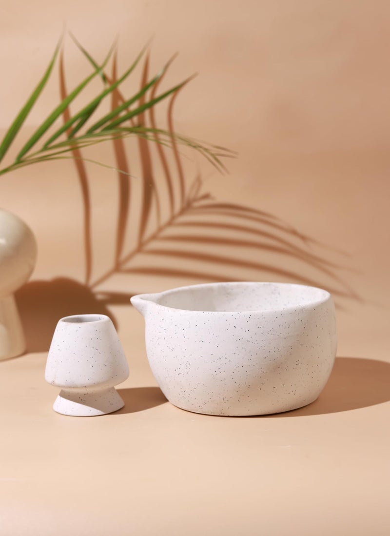 Craftribal Handmade Ceramic Solid Matcha Bowl with Whisk Holder – Pottery Chawan for Japanese Tea Ritual, Matcha Lovers & Gifting|Bowl - 5.5 inches|Holder-2.5 inches|Color-White - Image 1