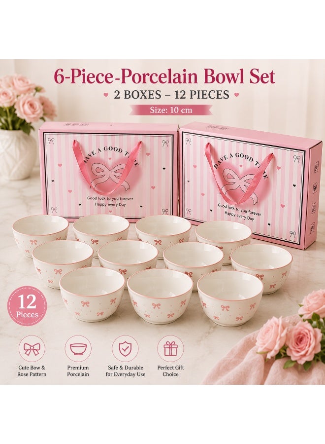 Premium 12-Piece Porcelain Bowl Set | 10 cm Small Serving Bowls | Elegant Pink Bow Design | Microwave & Dishwasher Safe | Dessert, Soup, Snack & Fruit Bowls | Luxury Gift Box - Image 1