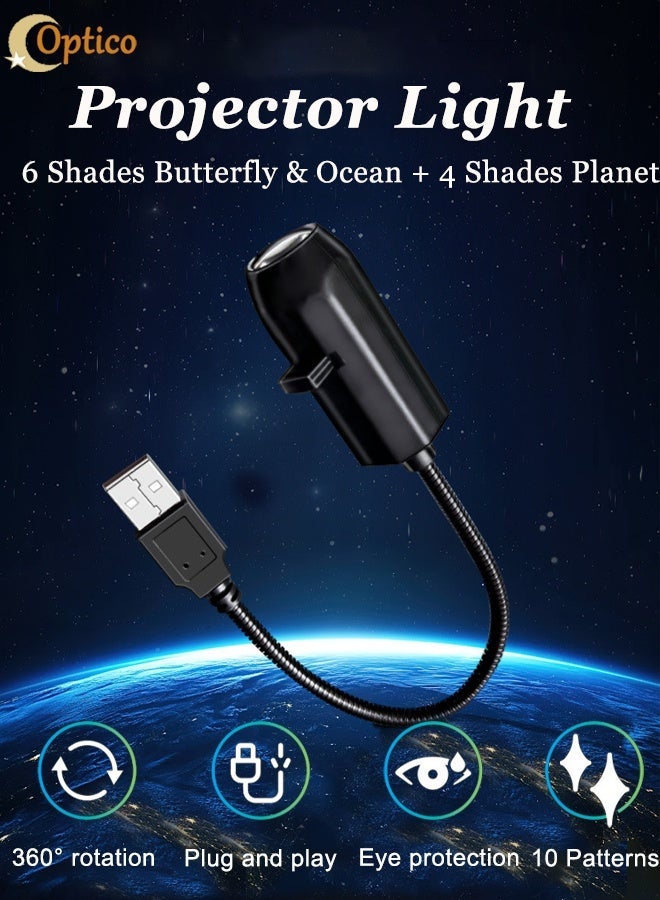 أوبتيكو مصباح بروجكتور، مصباح ليلي بروجكتور نجوم مع منفذ USB، مصباح إسقاط المحيط، مصباح سديم بـ 10 أوضاع، تصميم مرن قابل للتعديل، إضاءة محيطية بطابع فضائي، دوران 360 درجة، مصباح LED، أداء عالٍ، أنيق، متين ومتعدد الاستخدامات، يعمل بمنفذ USB، إضاءة محيطية (6 ظلال فراشة ومحيط + 4 ظلال كوكب) - Image 1