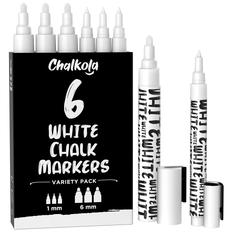 Chalkola White Chalk Markers White Dry Erase Liquid Chalk Pens for Chalkboard Blackboard Window Bistro Car Glass Board Signs Variety Pack of 6 3x 1mm 6mm - Image 2