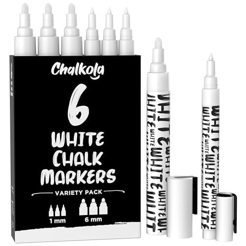 Chalkola White Chalk Markers White Dry Erase Liquid Chalk Pens for Chalkboard Blackboard Window Bistro Car Glass Board Signs Variety Pack of 6 3x 1mm 6mm - Image 1