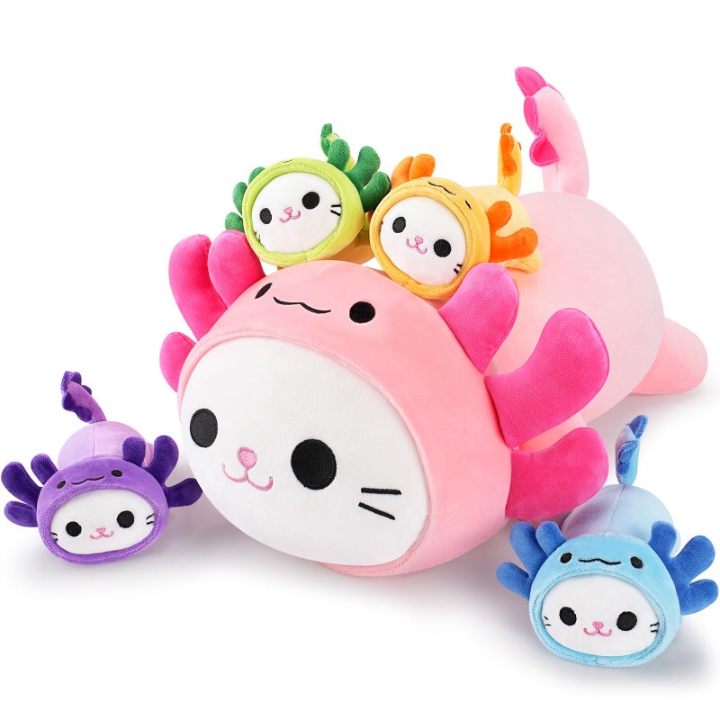 Auspicious beginning 5 PCS Axolotl Cat Plush Stuffed Animal Family19 Soft Axolotl Cat Plush Large Mommy Plushies with 4 Baby Kittens Plushies for Kids Kawaii Plushie Toy Christmas Birthday Gifts for Kids Boys Girls - Image 3