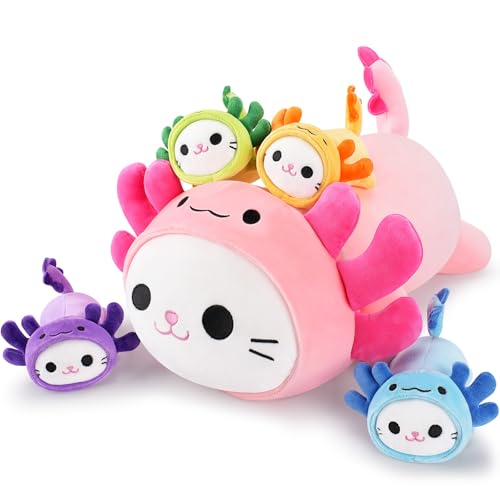 Auspicious beginning 5 PCS Axolotl Cat Plush Stuffed Animal Family19 Soft Axolotl Cat Plush Large Mommy Plushies with 4 Baby Kittens Plushies for Kids Kawaii Plushie Toy Christmas Birthday Gifts for Kids Boys Girls - Image 1
