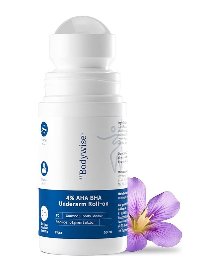 Be Bodywise 4% Aha Bha Underarm Roll On 50ml, Control Body Odour, Reduce Pigmentation, for Radiant Underarms, Fragrance Free, Suitable for Sensitive Skin - Image 1