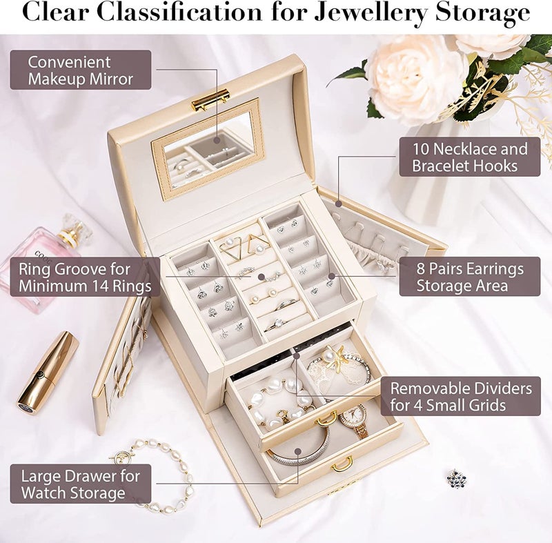 YouBella Jewellery Organiser MultiLayer PU Leather Portable Lockable Storage Box Case with Dividers Container for Rings, Earrings, Necklace Home Organizer, Beige - Image 5