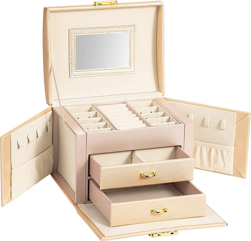 YouBella Jewellery Organiser MultiLayer PU Leather Portable Lockable Storage Box Case with Dividers Container for Rings, Earrings, Necklace Home Organizer, Beige - Image 1