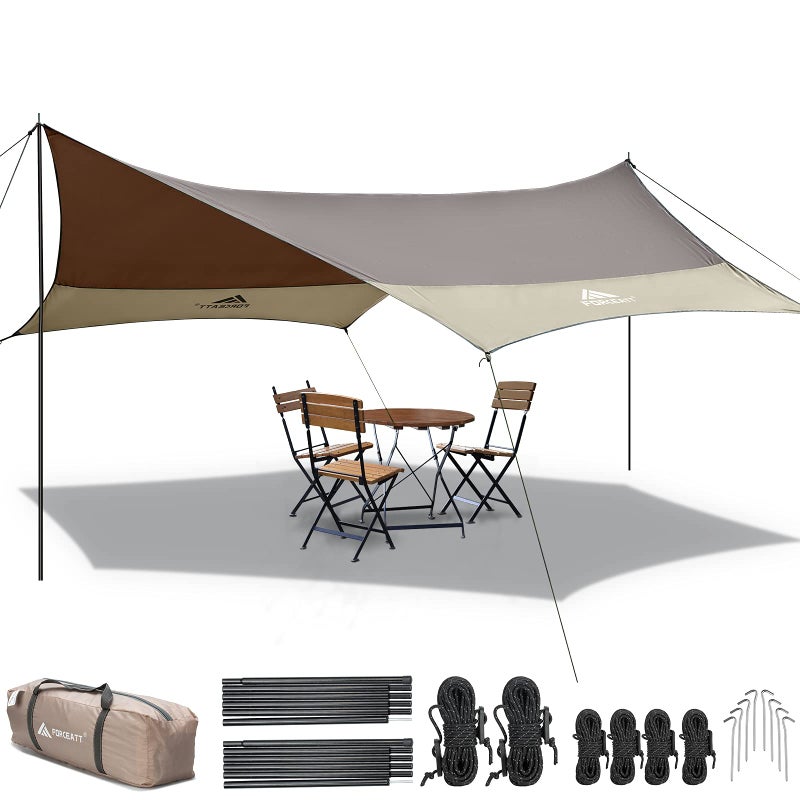 Forceatt 12x14FT Waterproof Camping Tarp with 2 Poles Sun Shelter for Car Tent Hammock in Camping Hiking Backpacking Garden and Traveling