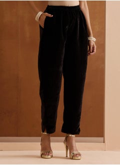 ISHIN Women's Black Velvet Embroidered Tunic Full Length Casual Straight Fit Kurta Set  - Image 3