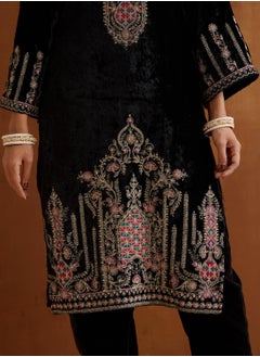 ISHIN Women's Black Velvet Embroidered Tunic Full Length Casual Straight Fit Kurta Set  - Image 2