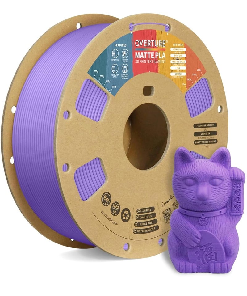 OVERTURE Matte PLA 3D Printer Filament 1.75mm, Matt Surface & Low Warping Filament 1kg Spool (2.2 lbs), Accuracy +/- 0.02 mm, Fit Most FDM Printers (Matte Purple) - Image 1