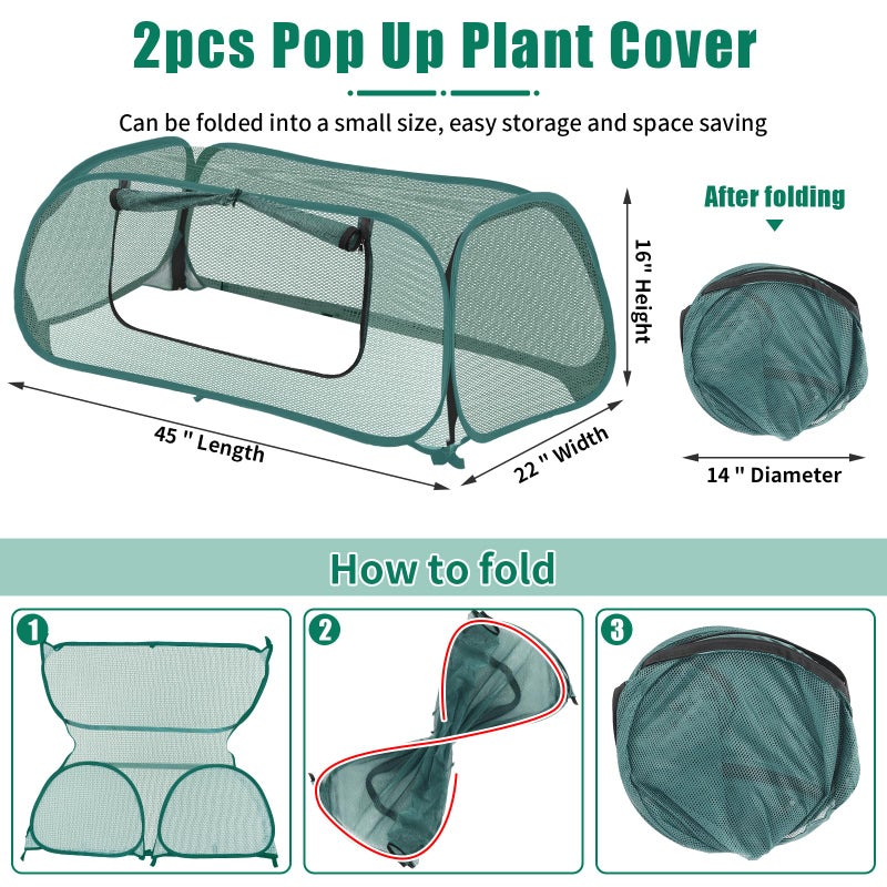 ANGAR 2Pack Garden Covers for Raised Beds, Pop Up Mesh Plant Covers for Outdoors, 30% Sunblock Plant Shade Tent, Crop Cage for Seedlings Vegetable Against Birds, Animals, with 8 Stakes (45"X22"X16") - Image 2
