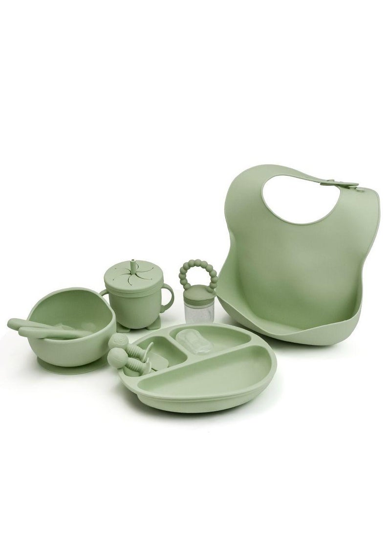 10 pieces Baby silicone feeding set/ Children's Cutlery & tableware set/ Portable, Travel friendly/ Non-toxic Food Grade Silicone/ Baby Feeding Set/ Safe & Reusable Utensils for toddlers and kids (10 Pieces/ Compartment Plate, Bowl, Short Fork & Spoon, Water Cup, Bib, Long Fork & Spoon, Fruit Feeder, toothbrush)/ Green  - Image 1