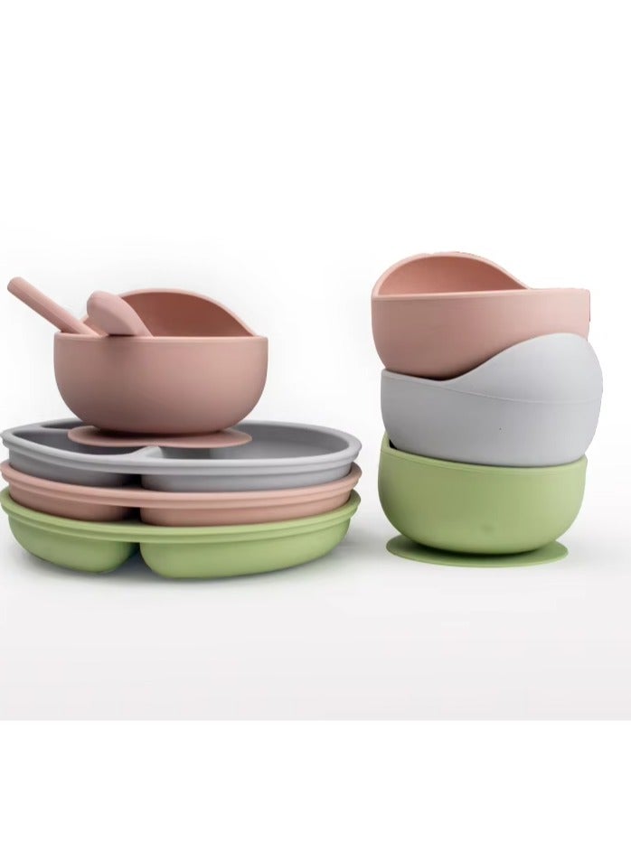 10 pieces Baby silicone feeding set/ Children's Cutlery & tableware set/ Portable, Travel friendly/ Non-toxic Food Grade Silicone/ Baby Feeding Set/ Safe & Reusable Utensils for toddlers and kids (10 Pieces/ Compartment Plate, Bowl, Short Fork & Spoon, Water Cup, Bib, Long Fork & Spoon, Fruit Feeder, toothbrush)/ Green  - Image 2