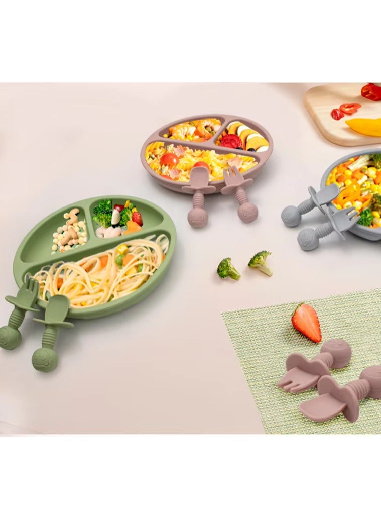 10 pieces Baby silicone feeding set/ Children's Cutlery & tableware set/ Portable, Travel friendly/ Non-toxic Food Grade Silicone/ Baby Feeding Set/ Safe & Reusable Utensils for toddlers and kids (10 Pieces/ Compartment Plate, Bowl, Short Fork & Spoon, Water Cup, Bib, Long Fork & Spoon, Fruit Feeder, toothbrush)/ Green  - Image 3