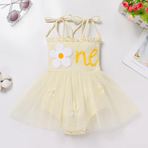 ODOLDI Baby Girls 1st Birthday Outfit Spaghetti Straps Romper Tutu Dress Headband One Year Old Party Cake Smash Outfits Apricot Flower 6-12 Months - Image 2