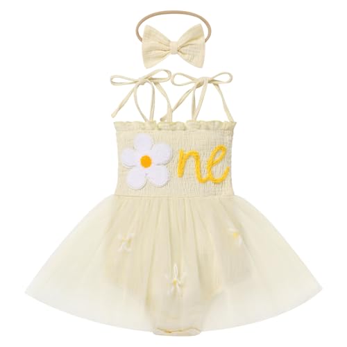 ODOLDI Baby Girls 1st Birthday Outfit Spaghetti Straps Romper Tutu Dress Headband One Year Old Party Cake Smash Outfits Apricot Flower 6-12 Months - Image 1