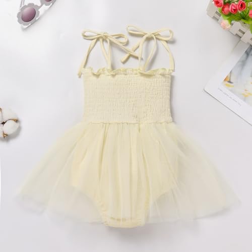 ODOLDI Baby Girls 1st Birthday Outfit Spaghetti Straps Romper Tutu Dress Headband One Year Old Party Cake Smash Outfits Apricot Flower 6-12 Months - Image 3