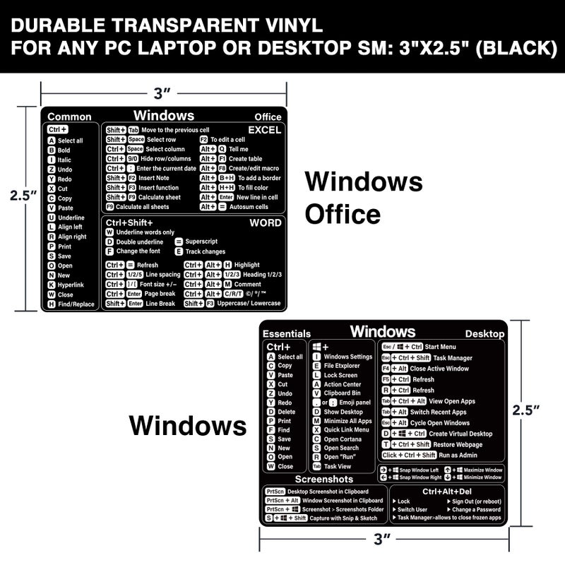 SWITHOM ملصقات اختصارات لوحة المفاتيح لميكروسوفت ويندوز + وورد/إكسل، ملصقات اختصارات لوحة المفاتيح للابتوب، لأي جهاز كمبيوتر محمول أو سطح مكتب SM (أسود) - Image 2