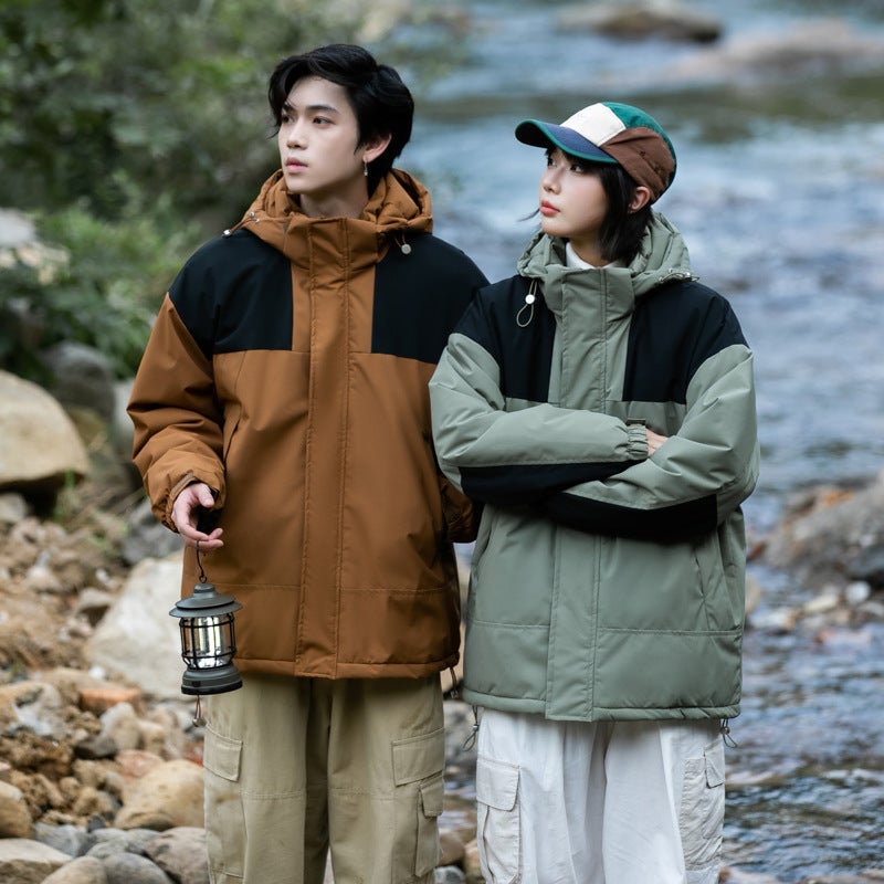 Popular Cotton-Padded Clothes For Couples Winter Color Matching Casual Waterproof Removable Hooded Graphene Thermal Storage Lock Warm Coat - Image 3