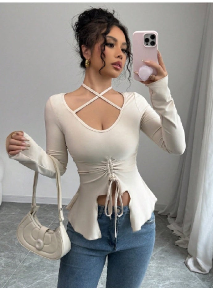 Shein SHEIN Elenzga Women Solid Color Casual Elegant Drawstring Long Sleeve Tee  - Image 4