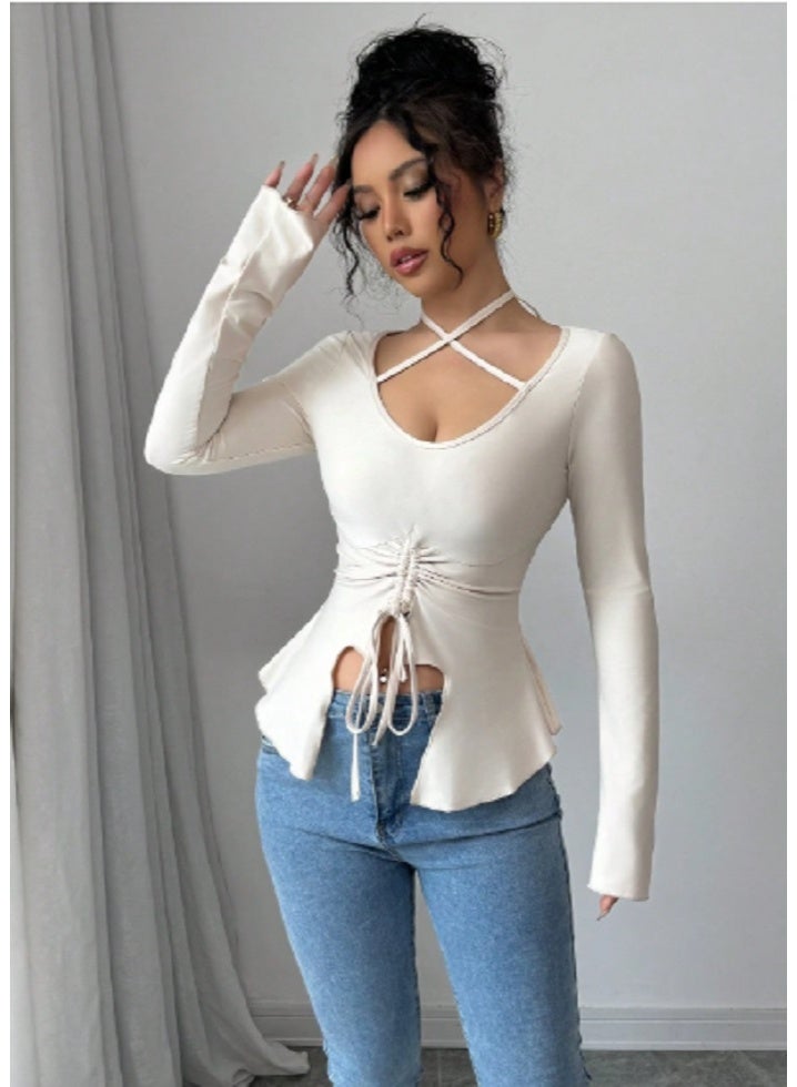 Shein SHEIN Elenzga Women Solid Color Casual Elegant Drawstring Long Sleeve Tee  - Image 1