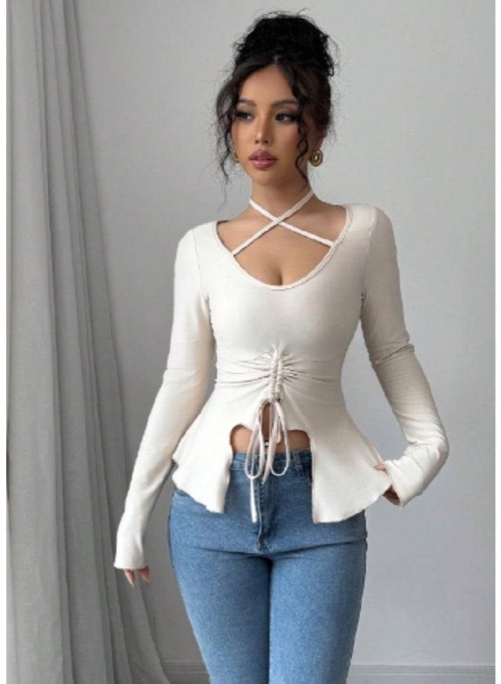 Shein SHEIN Elenzga Women Solid Color Casual Elegant Drawstring Long Sleeve Tee  - Image 2