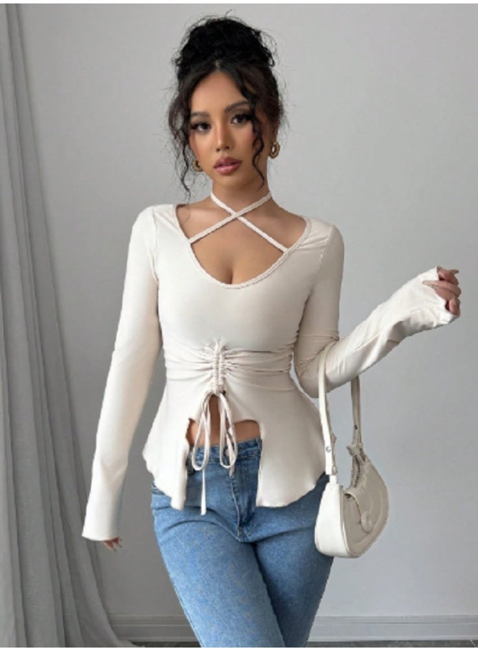 Shein SHEIN Elenzga Women Solid Color Casual Elegant Drawstring Long Sleeve Tee  - Image 5