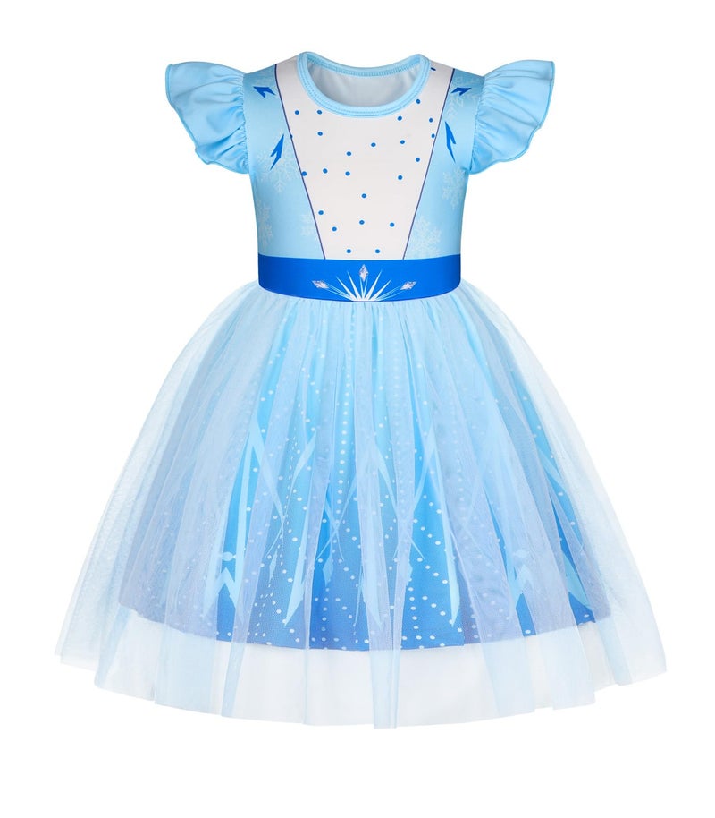 HenzWorld Baby Girls Dress Toddler Princess Costume Dress up for Kids Short Flutter Sleeve Tulle Tutu Dress Halloween Cosplay Theme Party Outfit Blue White Size 1T 2T
