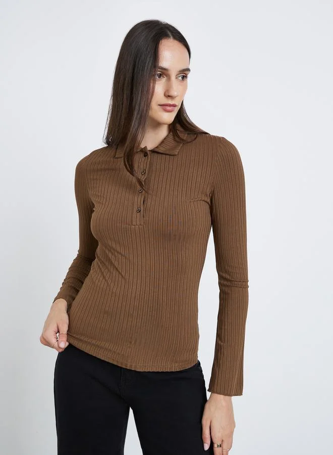 Styli Styli Fitted Ribbed Long Sleeve Polo T-Shirt