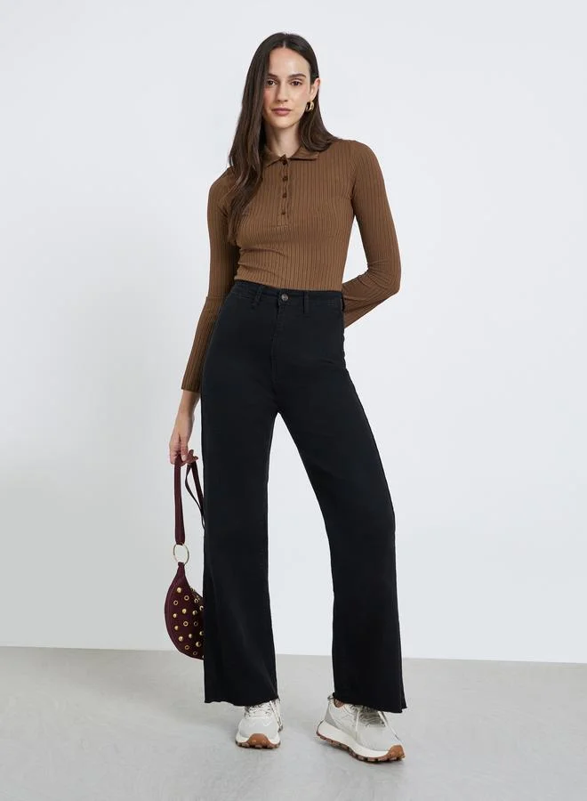 ستايلي Styli Fitted Ribbed Long Sleeve Polo T-Shirt