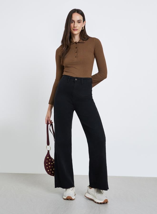 Styli Fitted Ribbed Long Sleeve Polo T-Shirt - Image 2