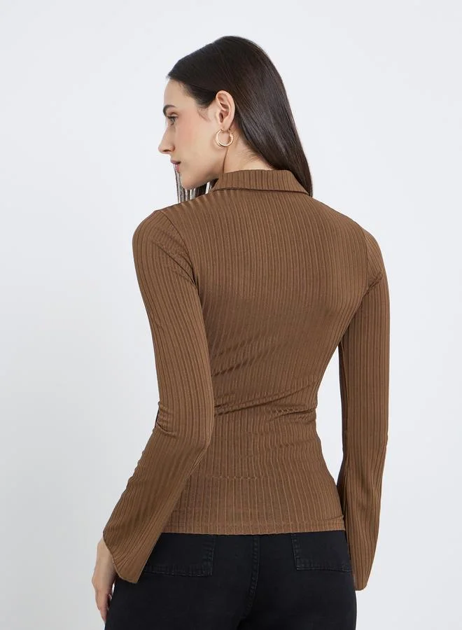 Styli Styli Fitted Ribbed Long Sleeve Polo T-Shirt