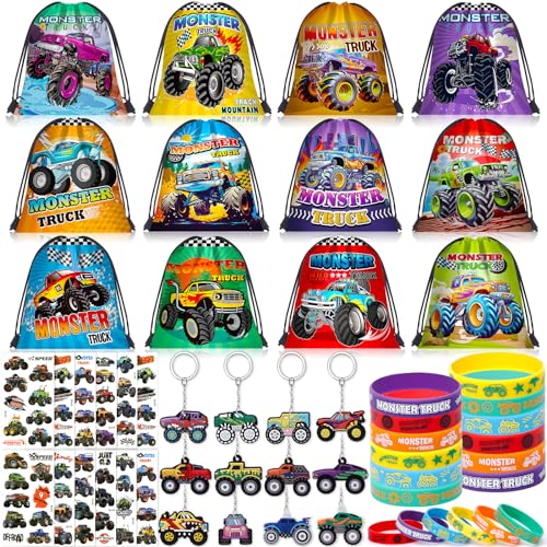 SNLN Monster Truck Party Favors Birthday Supplies for Boys Kids Drawstring Bag Silicone Bracelet Keychain Tattoo Sticker Pinata Goodie Bag Stuffers Monster Truck Birthday Party Supplies Decor - Image 1