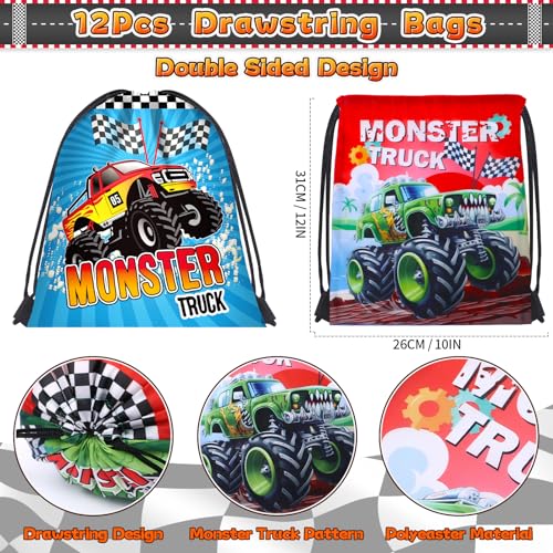 SNLN Monster Truck Party Favors Birthday Supplies for Boys Kids Drawstring Bag Silicone Bracelet Keychain Tattoo Sticker Pinata Goodie Bag Stuffers Monster Truck Birthday Party Supplies Decor - Image 5