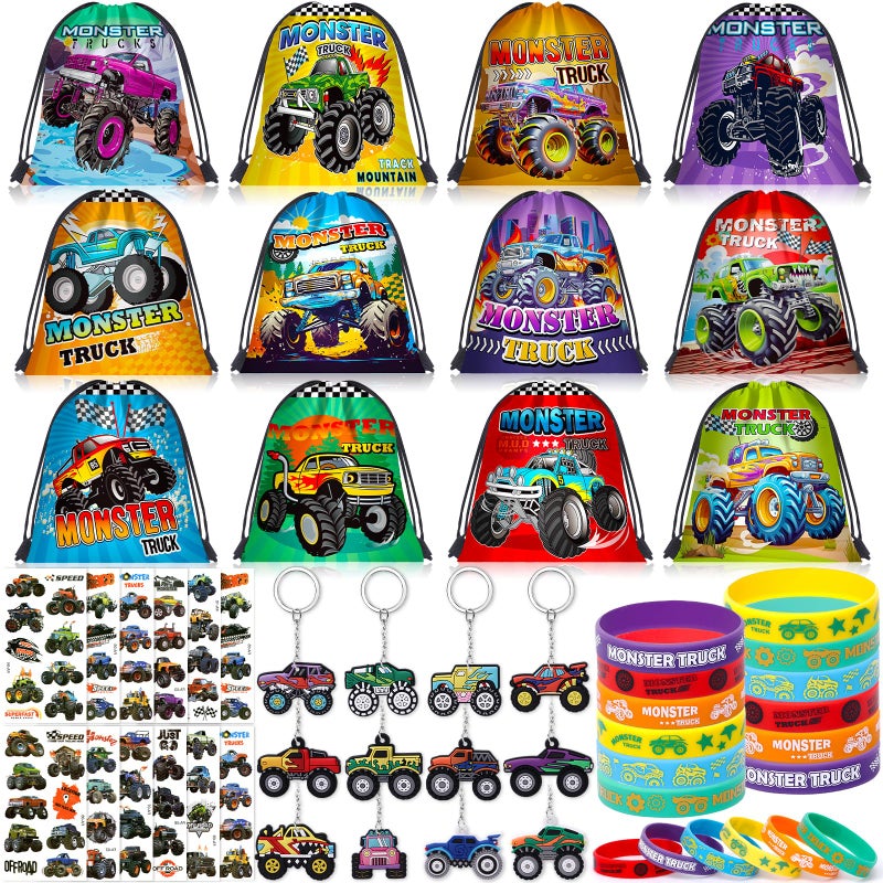 SNLN Monster Truck Party Favors Birthday Supplies for Boys Kids Drawstring Bag Silicone Bracelet Keychain Tattoo Sticker Pinata Goodie Bag Stuffers Monster Truck Birthday Party Supplies Decor - Image 3